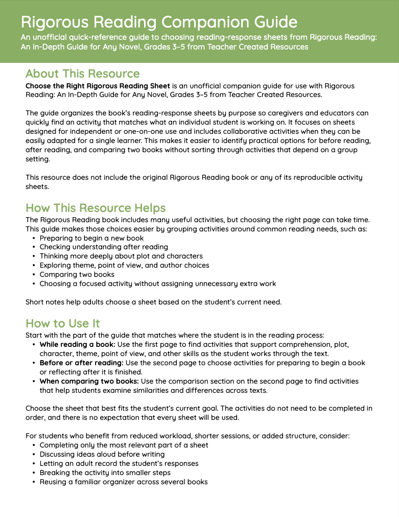 Rigorous Reading Companion Guide Instruction Page 1
