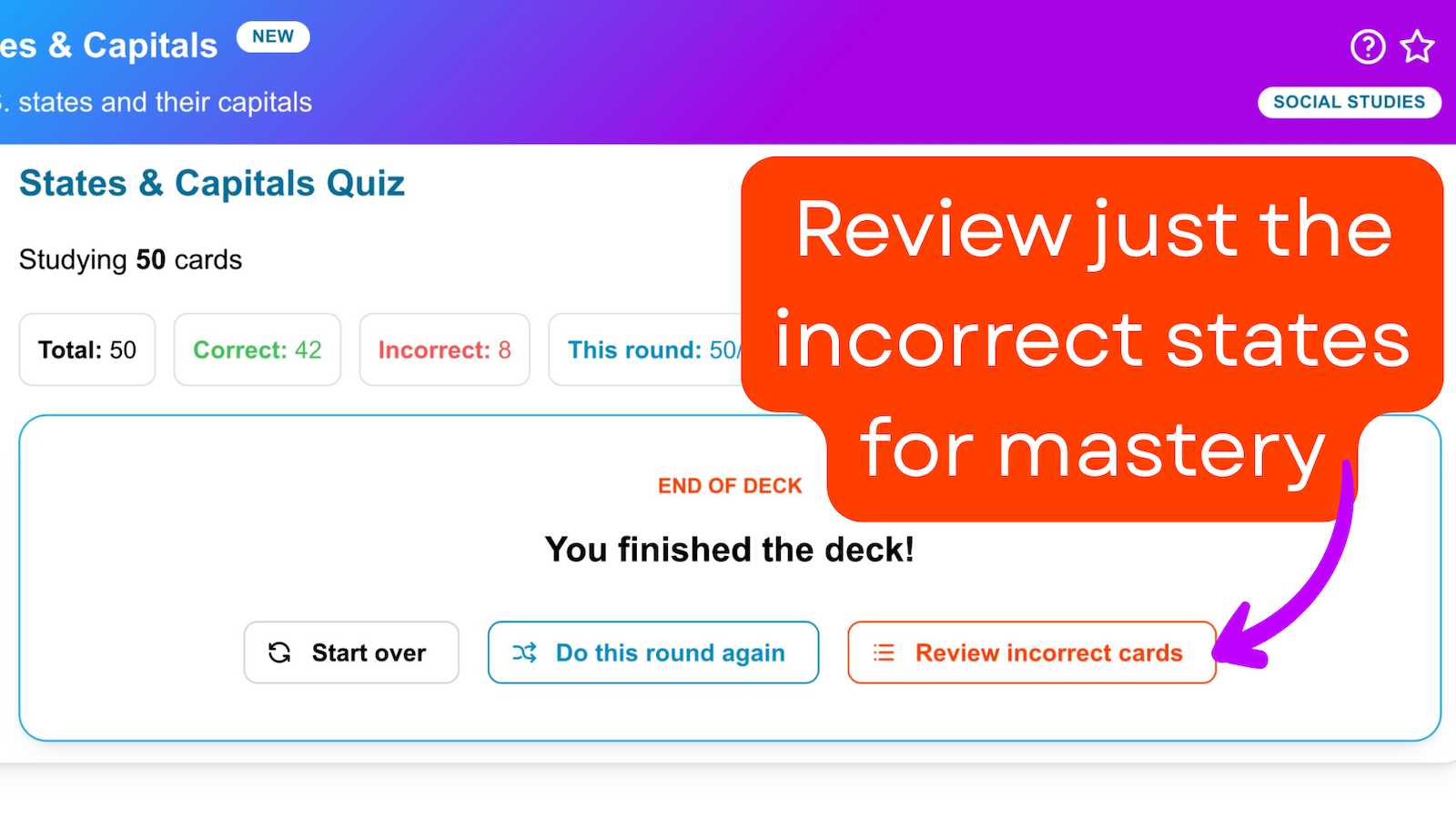 Quiz missed-only flow to mastery